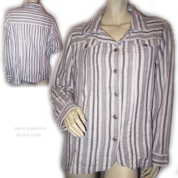 Denim 24/7 Long Sleeve Button Up Shirt White Striped Top Preppy Western Country - Picture 1 of 8